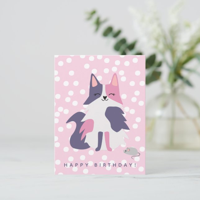 Tarjeta de cumpleaños infantil de gato rosa y mora (Anverso de pie)