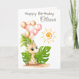 Tarjeta de cumpleaños infantil de jirafa con acuar