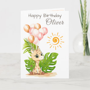 Tarjeta de cumpleaños infantil de jirafa con acuar
