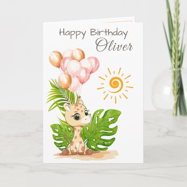 Tarjeta de cumpleaños infantil de jirafa con acuar (Anverso)