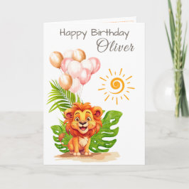 Tarjeta de cumpleaños infantil de león acuarela co