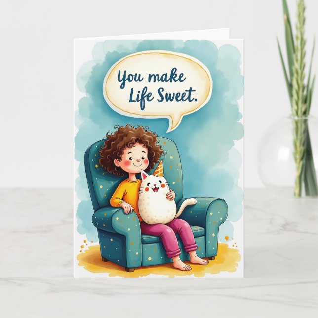 Tarjeta de cumpleaños infantil felino alegre (Anverso)