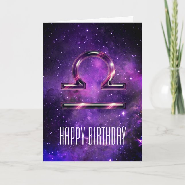 Tarjeta de cumpleaños Libra de espacio púrpura (Anverso)