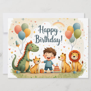 Tarjeta de cumpleaños linda con animales y niño
