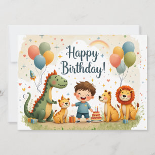 Tarjeta de cumpleaños linda con animales y niño
