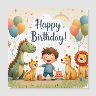 Tarjeta de cumpleaños linda con animales y niño