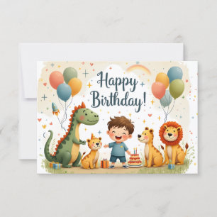 Tarjeta de cumpleaños linda con animales y niño