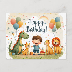 Tarjeta de cumpleaños linda con animales y niño
