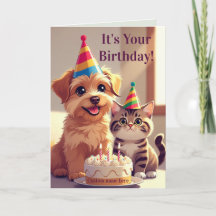 Tarjeta de cumpleaños linda de perro y gato