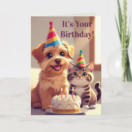 Tarjeta de cumpleaños linda de perro y gato
