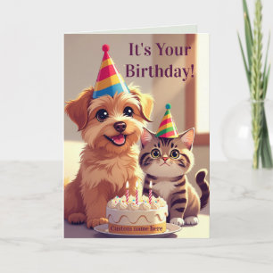 Tarjeta de cumpleaños linda de perro y gato