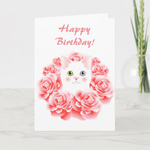 Tarjeta de cumpleaños linda del gato color de rosa