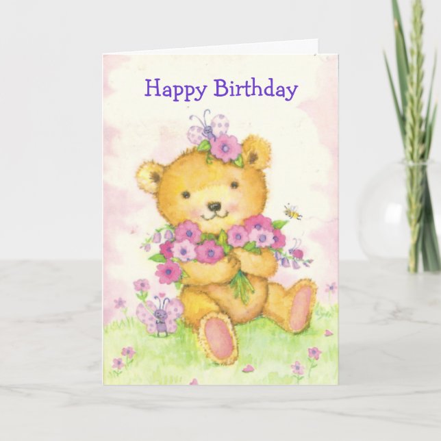 Tarjeta de cumpleaños linda del oso w/butterfy (Anverso)