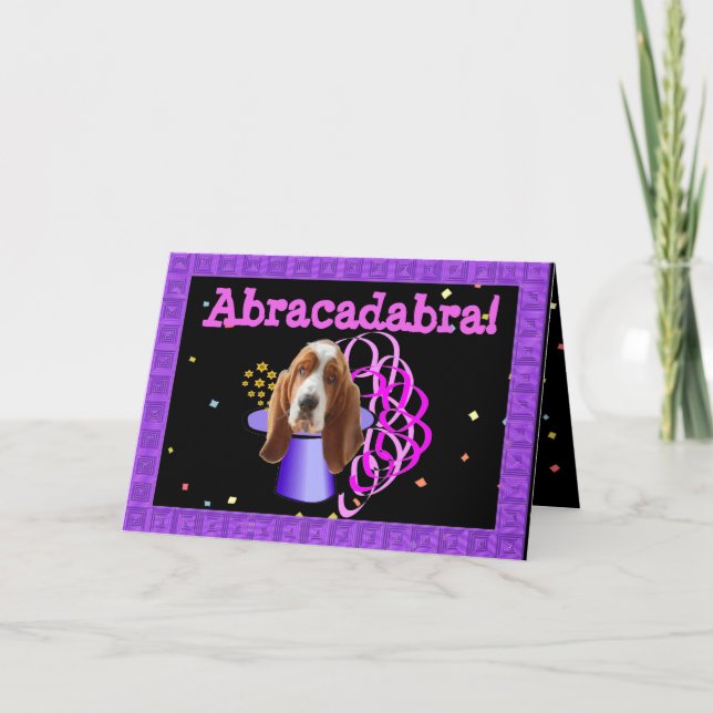 Tarjeta de cumpleaños "mágica" con hongo basset (Anverso)