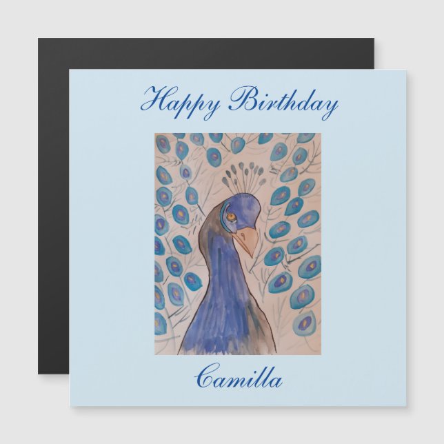Tarjeta de cumpleaños magnética azul Peacock (Anverso/Reverso)