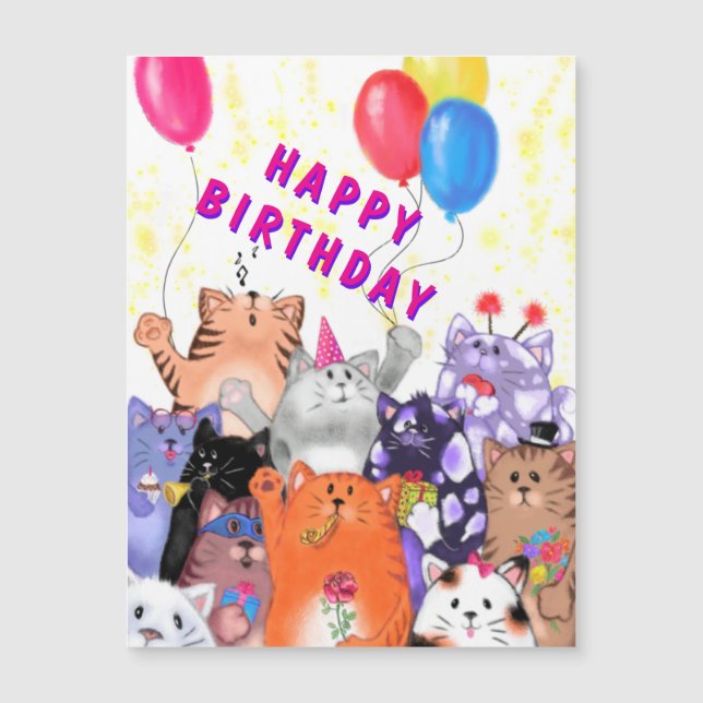 Tarjeta de cumpleaños magnética con fiesta de gato (Anverso)