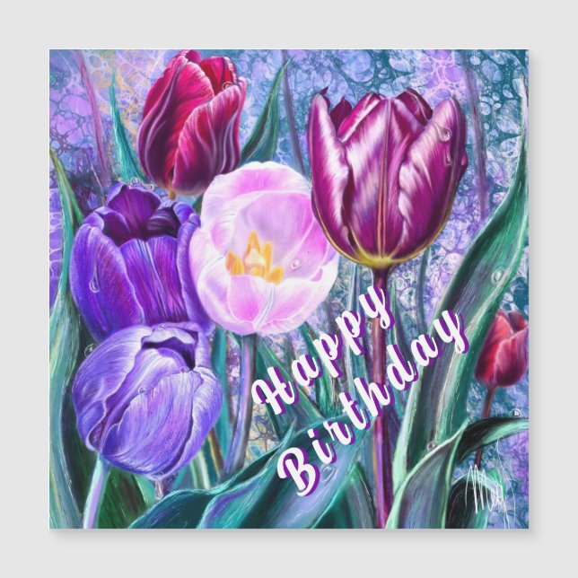 Tarjeta de cumpleaños magnética con tulipanes colo (Anverso)