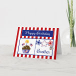 Tarjeta de cumpleaños militar de Brother<br><div class="desc">Esta tarjeta de cumpleaños patriótica hará su sonrisa militar de Brother. Esta tarjeta colorida ofrece un rojo y el fondo rayado blanco, la magdalena del chocolate con las estrellas, las estrellas de las banderas americanas, de un corazón de la bandera y de una vela, del rojo, blancas y azules, una...</div>