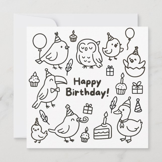 Tarjeta de cumpleaños Minimal Bird Doodle (Anverso)