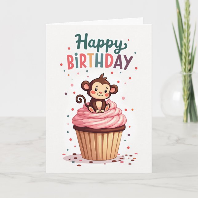 Tarjeta de Cumpleaños Mono Cupcake Dulce (Anverso)