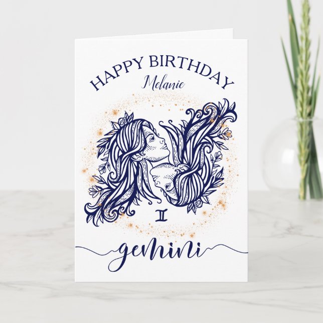 Tarjeta de cumpleaños monocroma Gemini Zodiac Navy (Anverso)