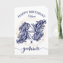 Tarjeta de cumpleaños monocroma Gemini Zodiac Navy