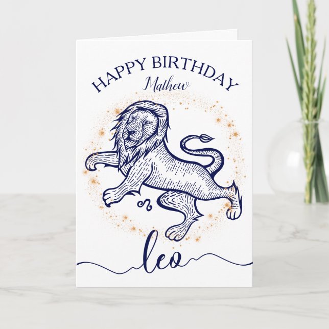Tarjeta de cumpleaños monocroma Leo Zodiac Navy &  (Anverso)