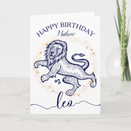 Tarjeta de cumpleaños monocroma Leo Zodiac Navy & 