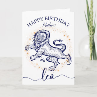 Tarjeta de cumpleaños monocroma Leo Zodiac Navy & 