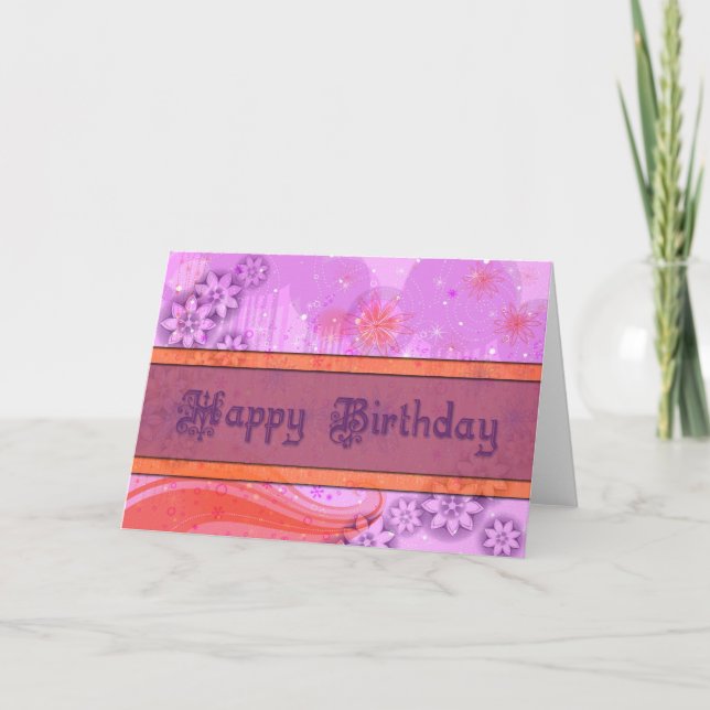 Tarjeta de cumpleaños morado y rosa Naranja de mod (Anverso)
