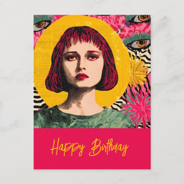 Tarjeta de cumpleaños mujer collage de técnica mix (Anverso)