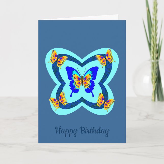 Tarjeta de cumpleaños multicolor azul Butterflies (Anverso)