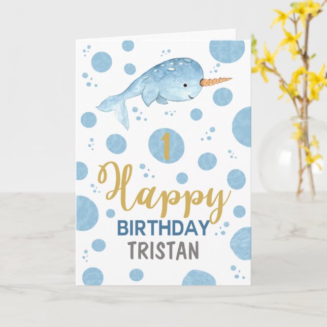 Tarjeta de cumpleaños Narwhal (flor amarilla)