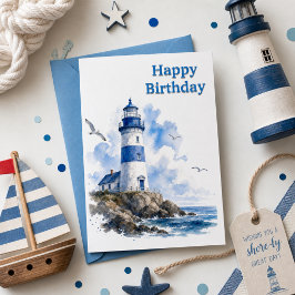 Tarjeta de cumpleaños náutica de acuarela de faro