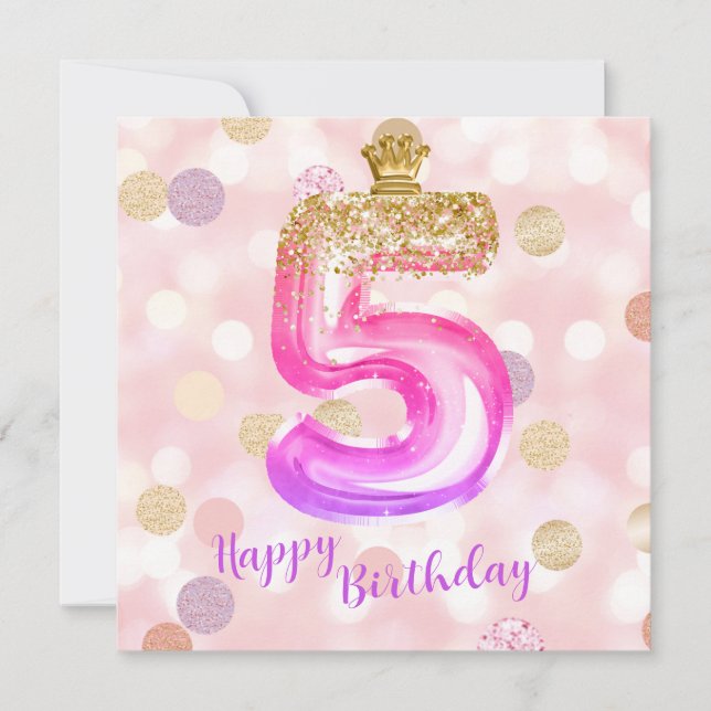 Tarjeta de cumpleaños niña 5º cumpleaños oro rosa  (Anverso)