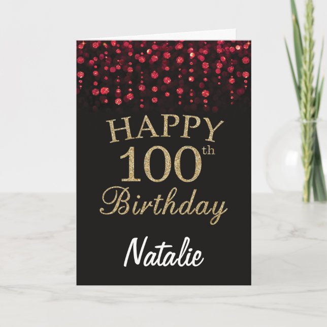 Tarjeta de cumpleaños número 100 con brillo dorado (Anverso)