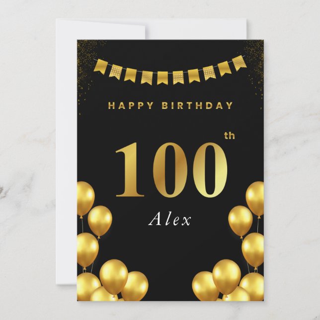 Tarjeta de cumpleaños número 100 con globos negros (Anverso)