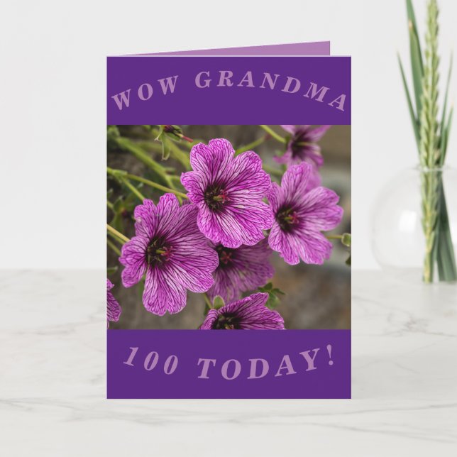 Tarjeta de cumpleaños número 100 de Purple Floral  (Anverso)