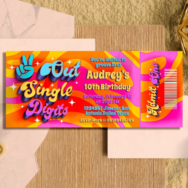 Tarjeta de cumpleaños número 10 Peace Out Single D (Peace Out Single Digits - Groovy Retro 10th Birthday Ticket Invitation )