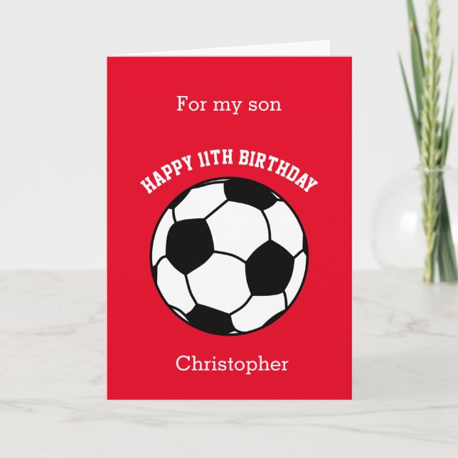 Tarjeta de cumpleaños número 11 de fútbol rojo (Anverso)