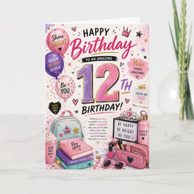 Tarjeta de cumpleaños número 12 para niñas (Anverso)