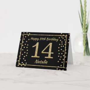 Tarjeta de cumpleaños número 14 con confeti de pur