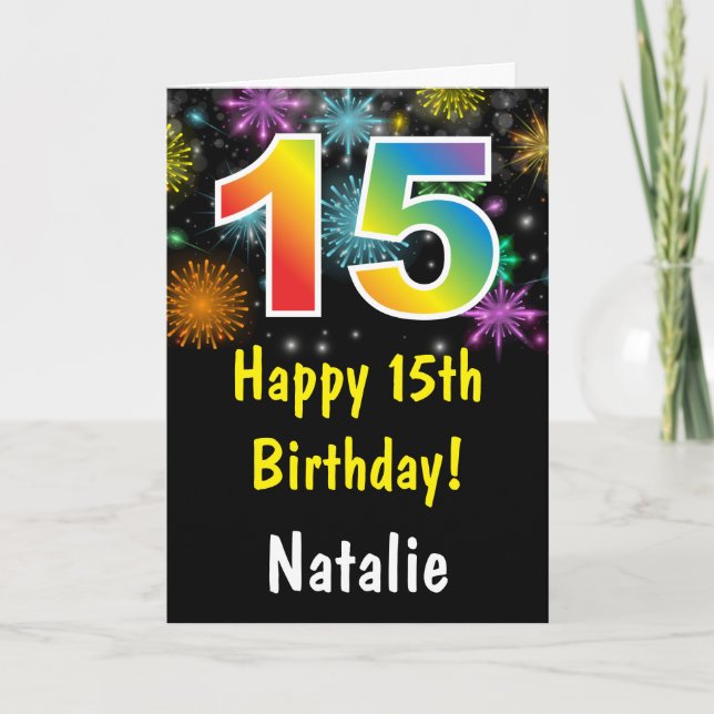 Tarjeta de cumpleaños número 15 con fuegos artific (Anverso)