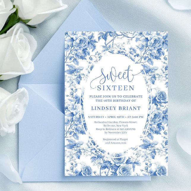Tarjeta de cumpleaños número 16 con flores digital (Dusty Blue Digital Floral Sweet 16 Birthday Card)