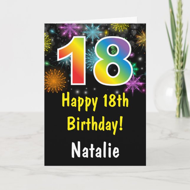 Tarjeta de cumpleaños número 18 con fuegos artific (Anverso)