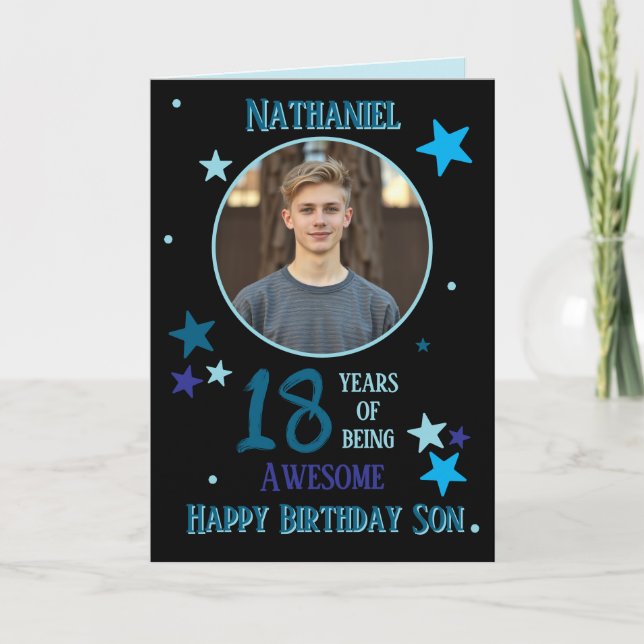Tarjeta de cumpleaños número 18 para hijo con una  (Anverso)
