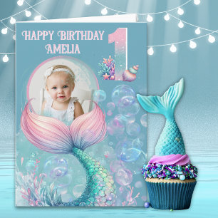 Tarjeta de cumpleaños número 1 cola de sirena con