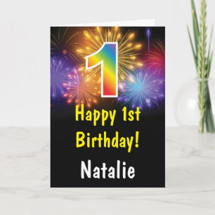 Tarjeta de cumpleaños número 1 con fuegos artifici