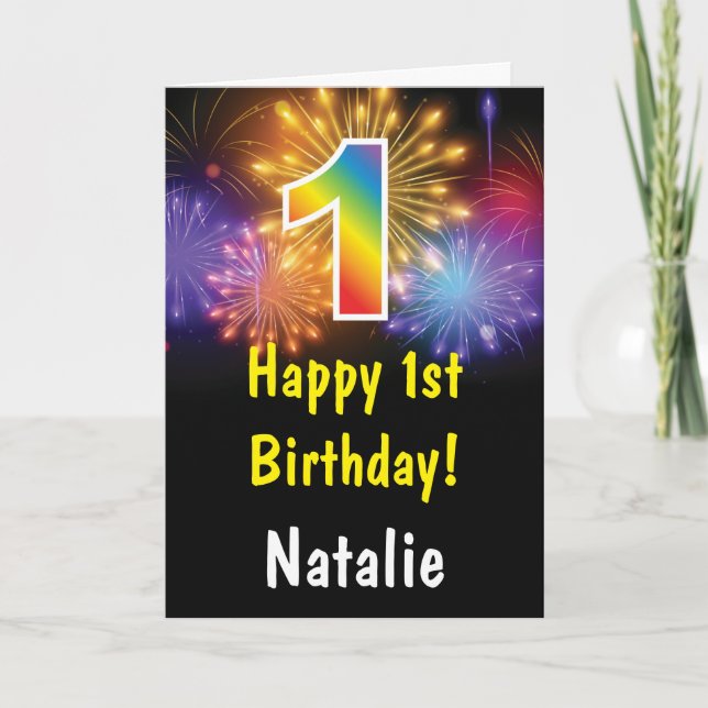 Tarjeta de cumpleaños número 1 con fuegos artifici (Anverso)