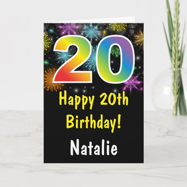 Tarjeta de cumpleaños número 20 con fuegos artific (Anverso)
